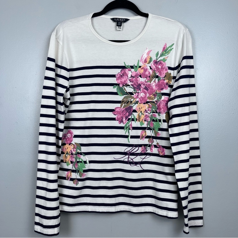 Lauren Ralph Lauren Women's Floral & Striped Jersey Long-Sleeve Tee Size L